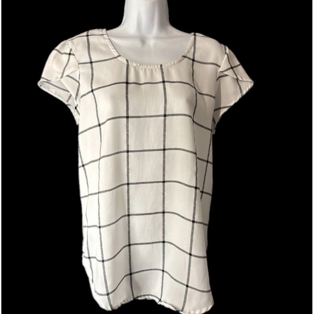 Marisol Blouse‎ Women Large White Black Windowpane Plaid Short Sleeve Tulip Hem